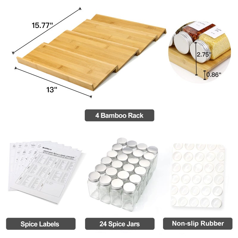 KitHero Spice Drawer Organizer with 24 Spice Jars and 216 Labels Non-slip Rubber  Bamboo 4 Tier Spice Racks Tray Seasoning Containers for Kitchen Drawers Cabinets Countertops 13"" Wide * 15.8"" Deep - Image 3
